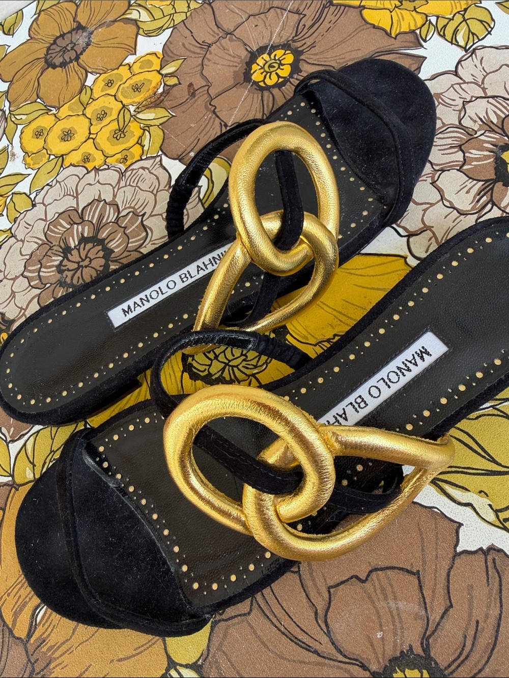Manolo Blahnik Black Suede Mules with Gold Knot Accent